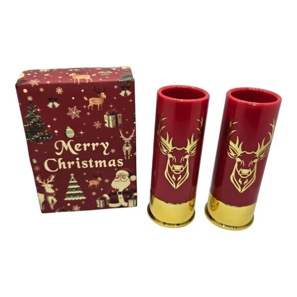 Gift Box Set 12 Gauge Shotgun Shell Red Shot Glasses Gold Deer Novelty Barware - Picture 13 of 13